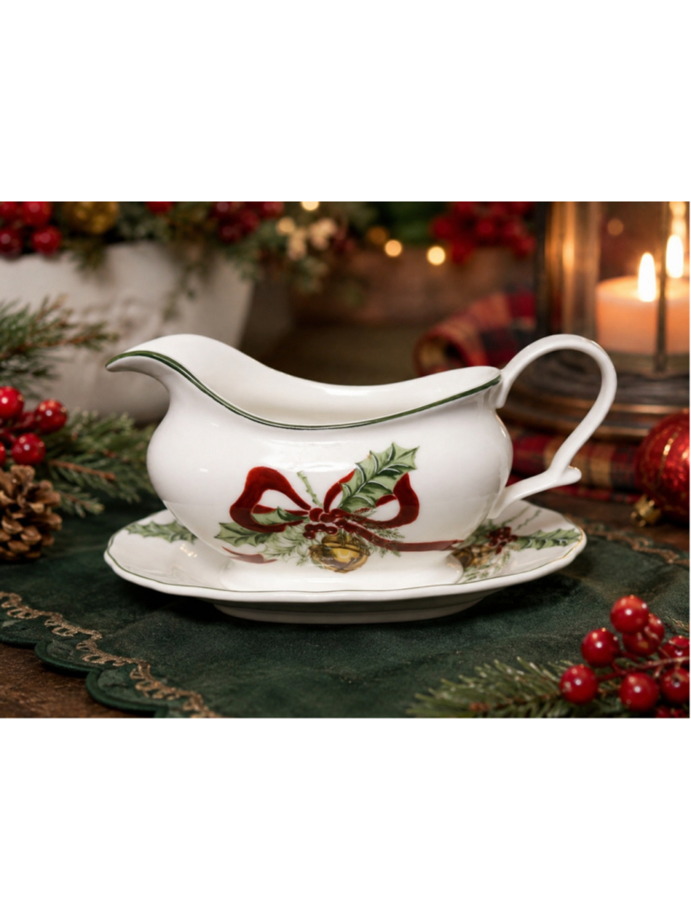 Noble Excellence Holly Bells Christmas Gravy Boat & Underplate Set